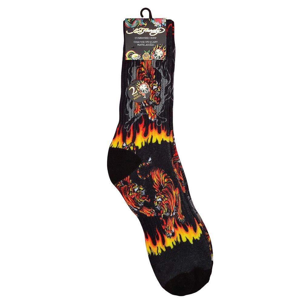 Ed Hardy Tiger Flame Skull Mens Cushioned Crew Socks (2 Pair) Graphic Black Logo
